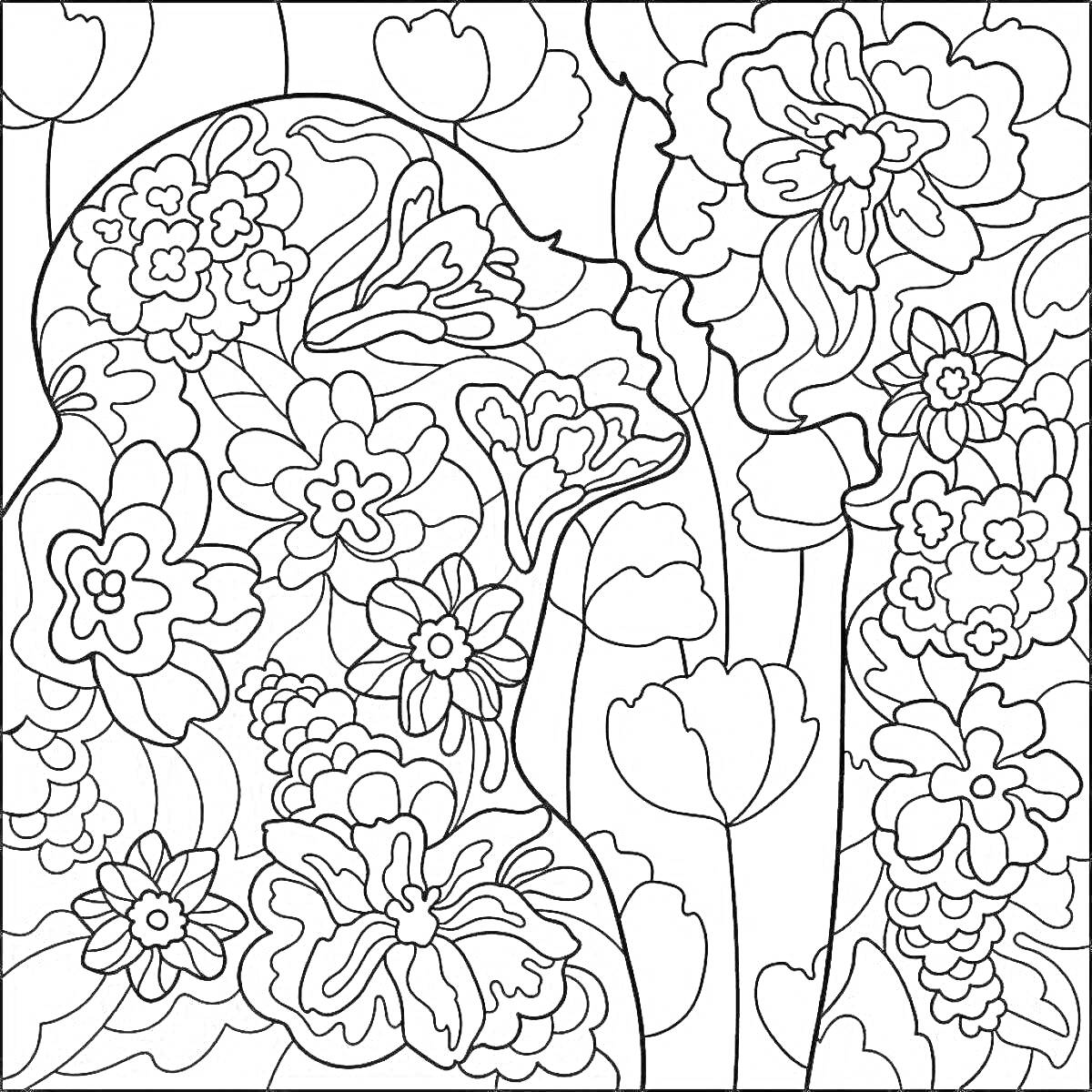 Раскраска Силуэты с цветами и бутонами на фоне