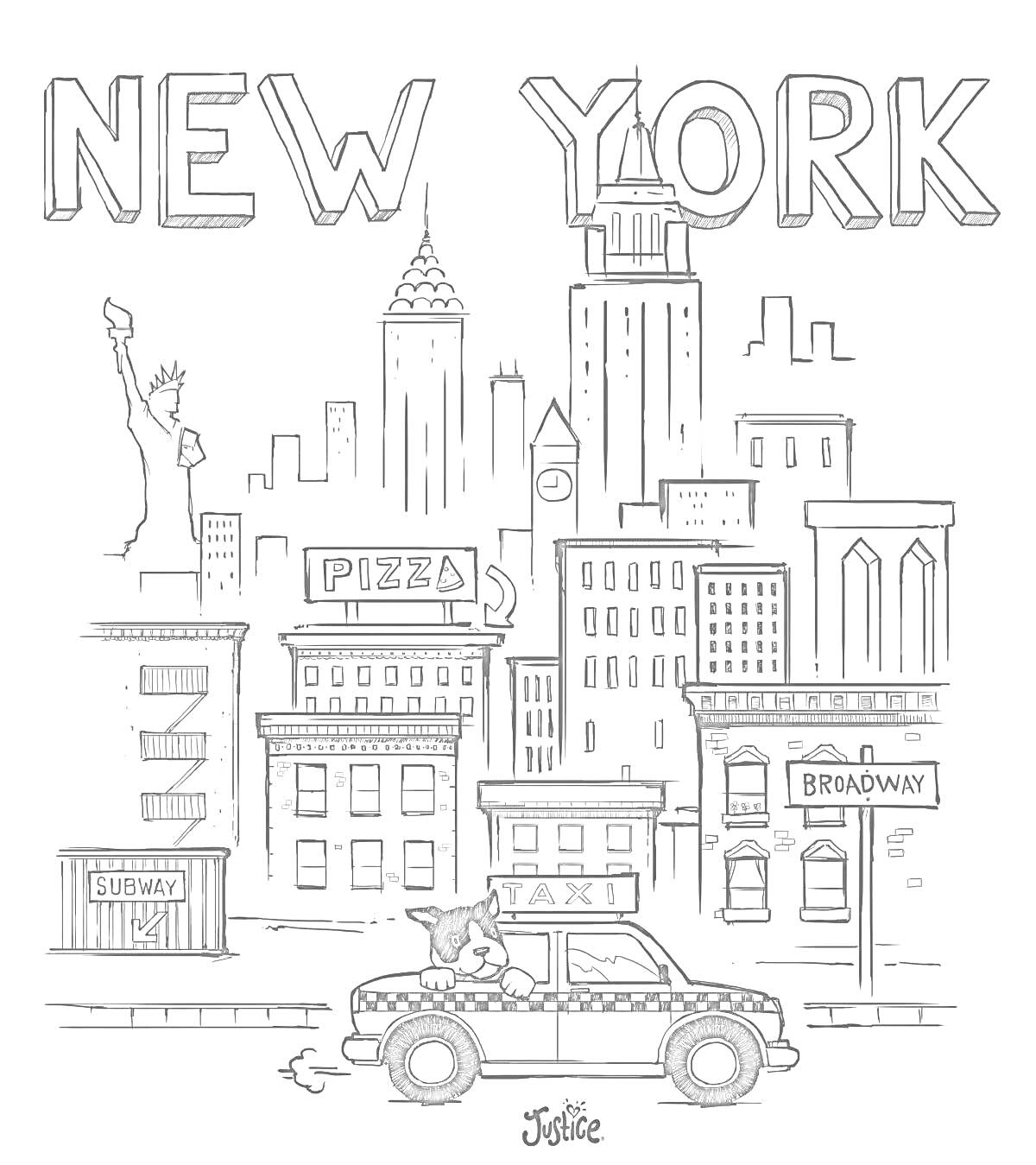 На раскраске изображено: Нью-Йорк, Такси, Статуя Свободы, Небоскребы, Пицца, Улицы, Метро, Архитектура
