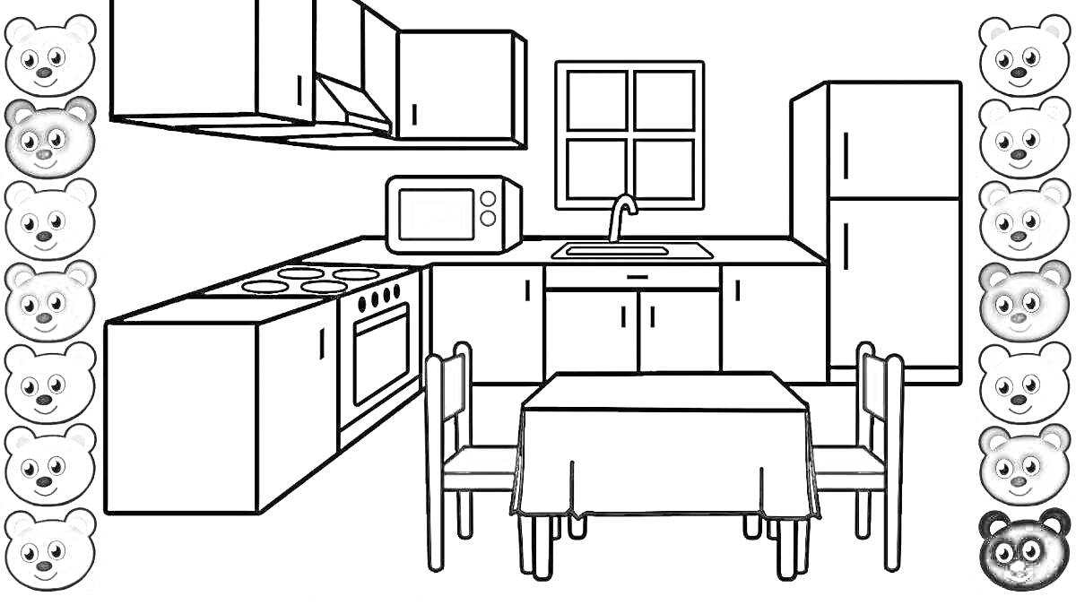 Раскраска Кухня с мебелью и бытовой техникой, куклы-мордочки разного цвета, микроволновка, стол с двумя стульями, мойка, окно, шкафы, холодильник, плита, вытяжка