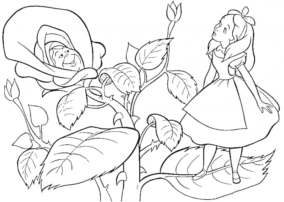 Раскраска Девочка на большом листе рядом с растением, у которого цветок в виде человека