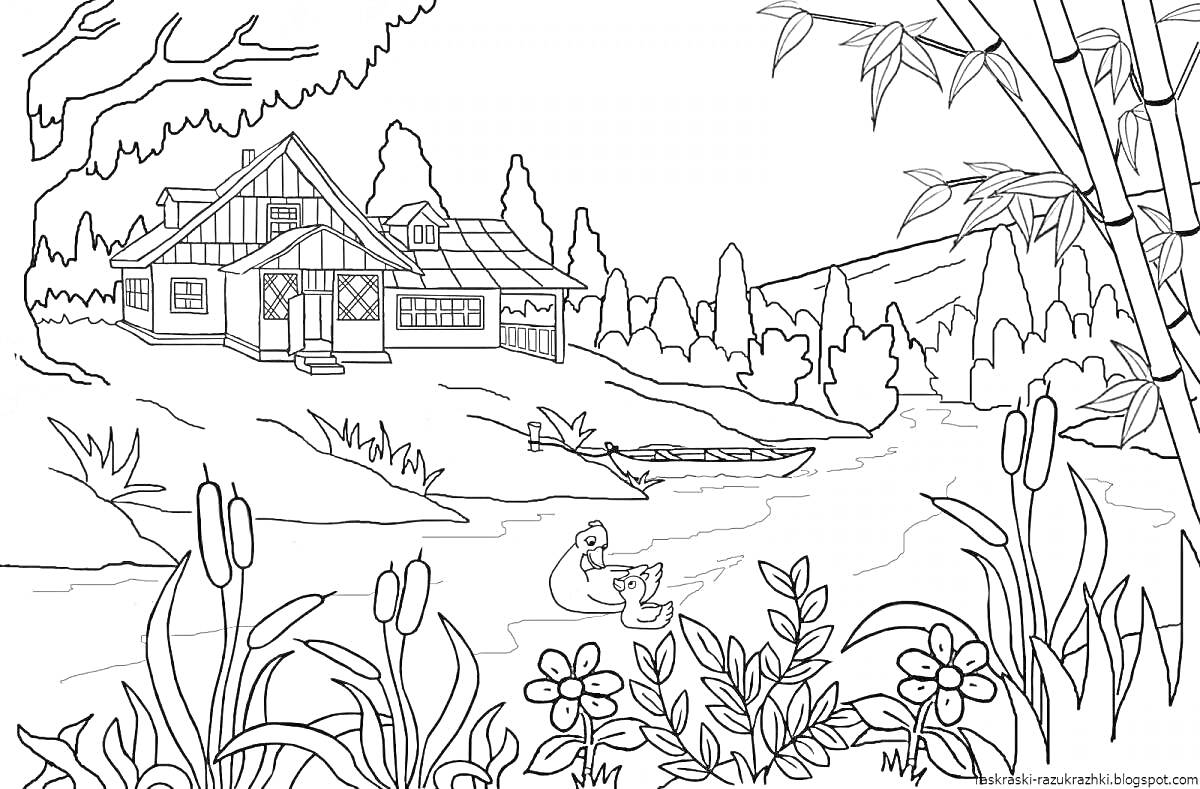 На раскраске изображено: Деревенский дом, Река, Лодка, Утка, Камыши, Цветы, Деревья, Кусты