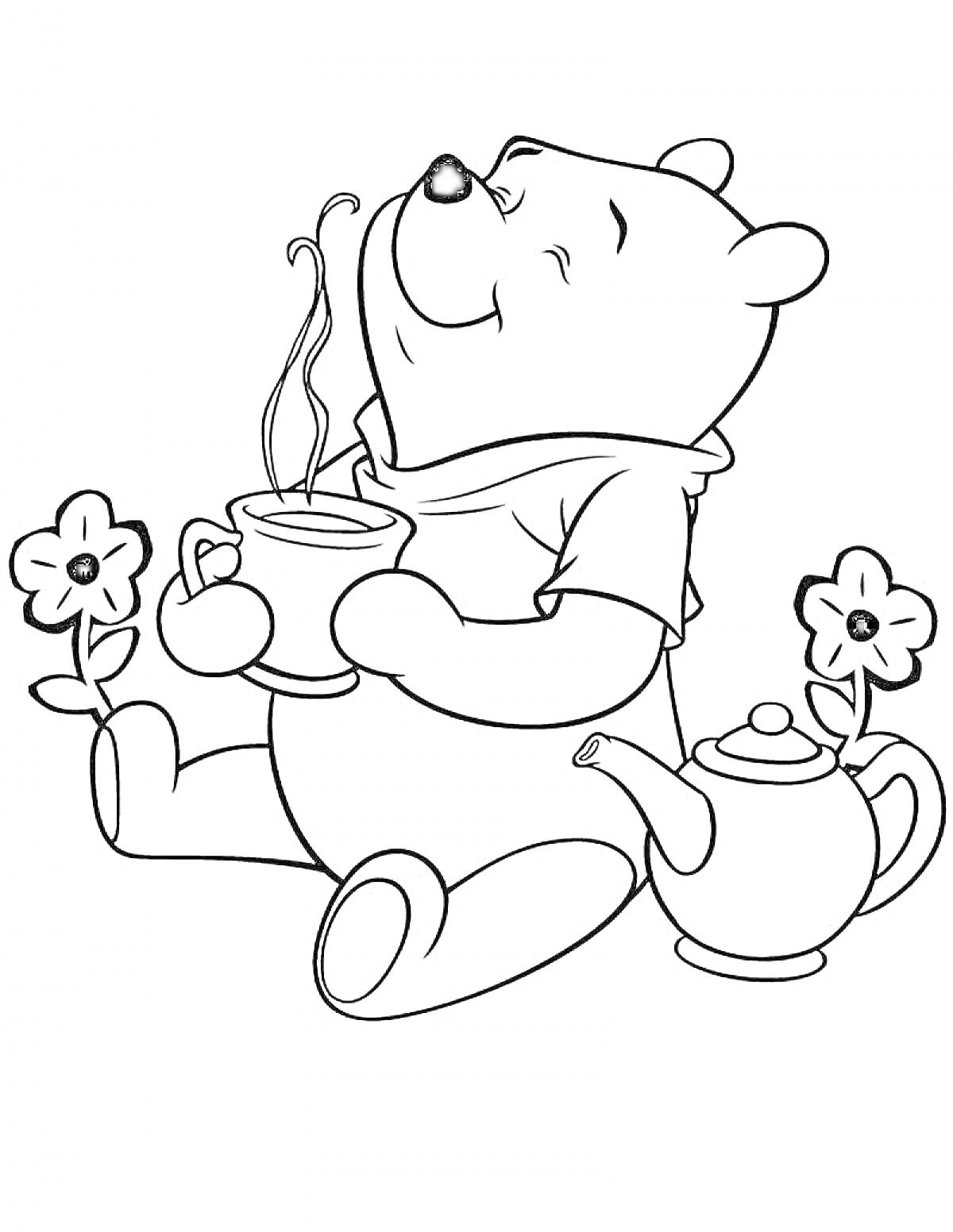 Раскраска Мишка с чашкой чая и чайником, цветы на заднем плане
