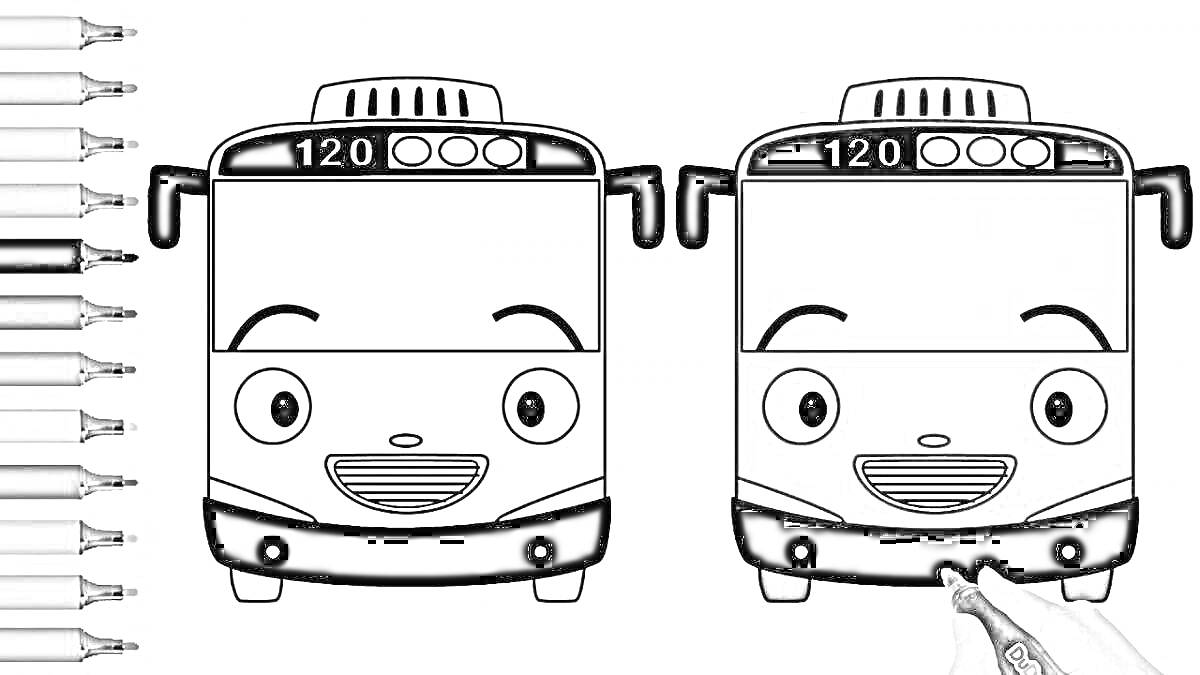 Раскраска Раскраска - два маленьких автобуса Тайо с разными выражениями лиц, один раскрашен, второй раскрашивается фломастером, рядом разложены фломастеры