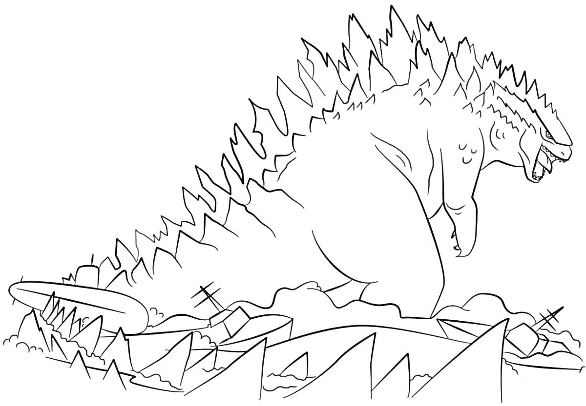 Динозавр разрушает город - динозавр с шипами на спине разрушает здания и объекты в городе.