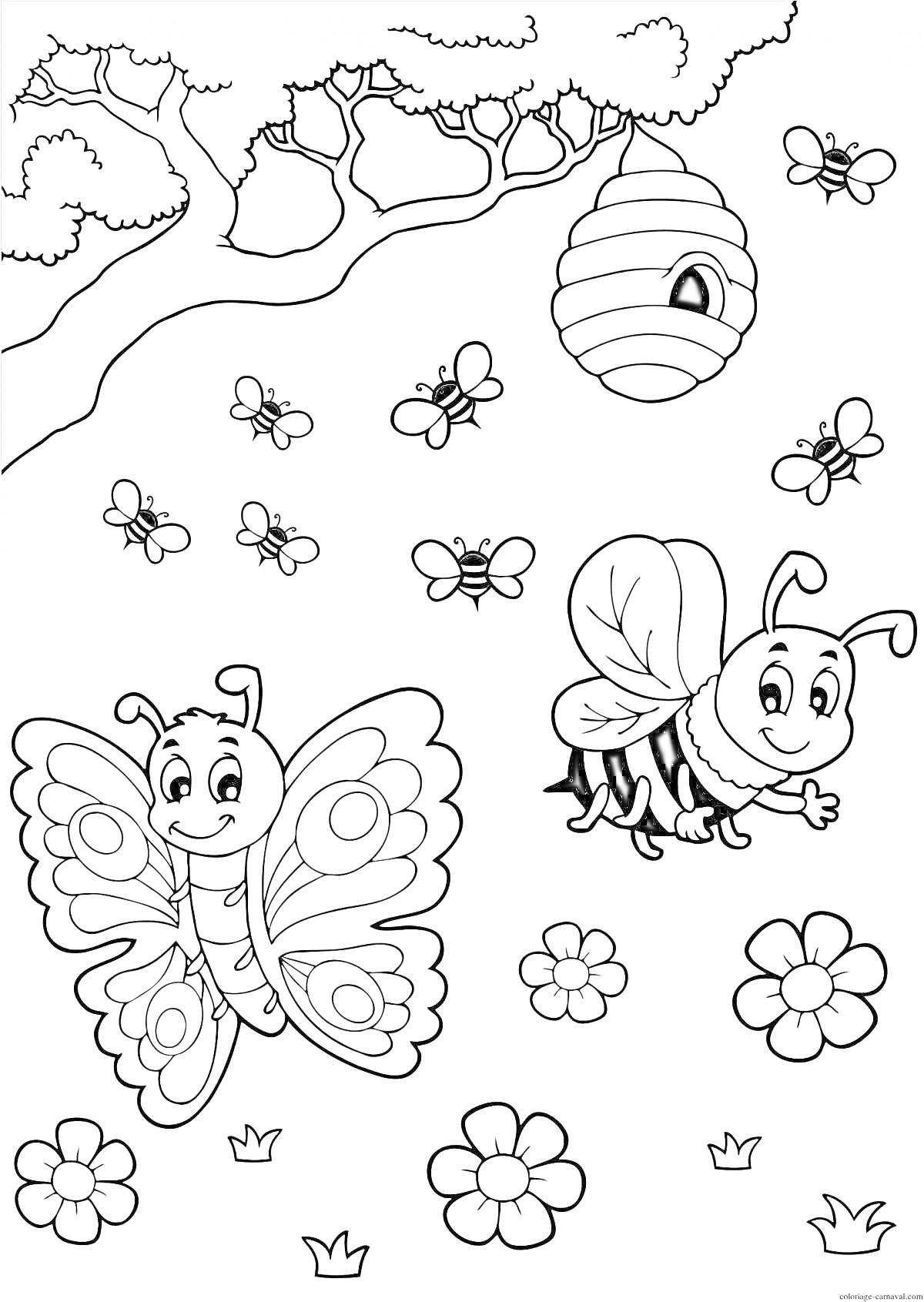 Раскраска Бабочка и пчела возле цветков под деревом с ульем и окружающими их пчелами