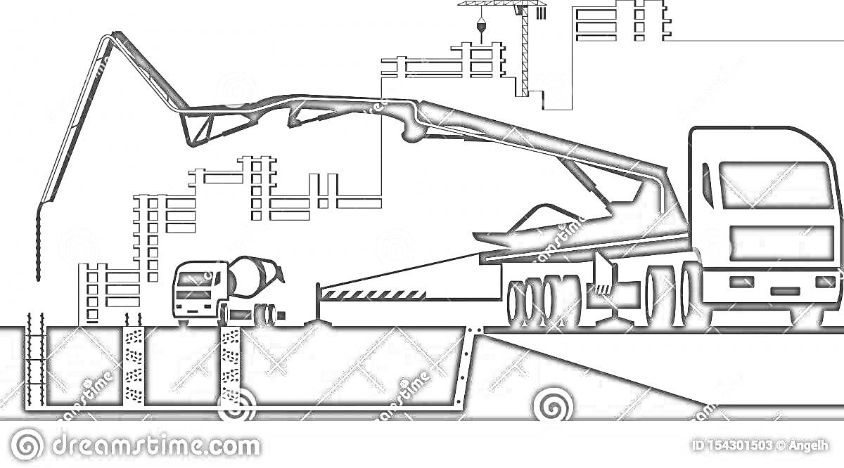 На раскраске изображено: Бетононасос, Стройплощадка, Строительство, Цементовоз, Башенный кран, Работник, Армирование