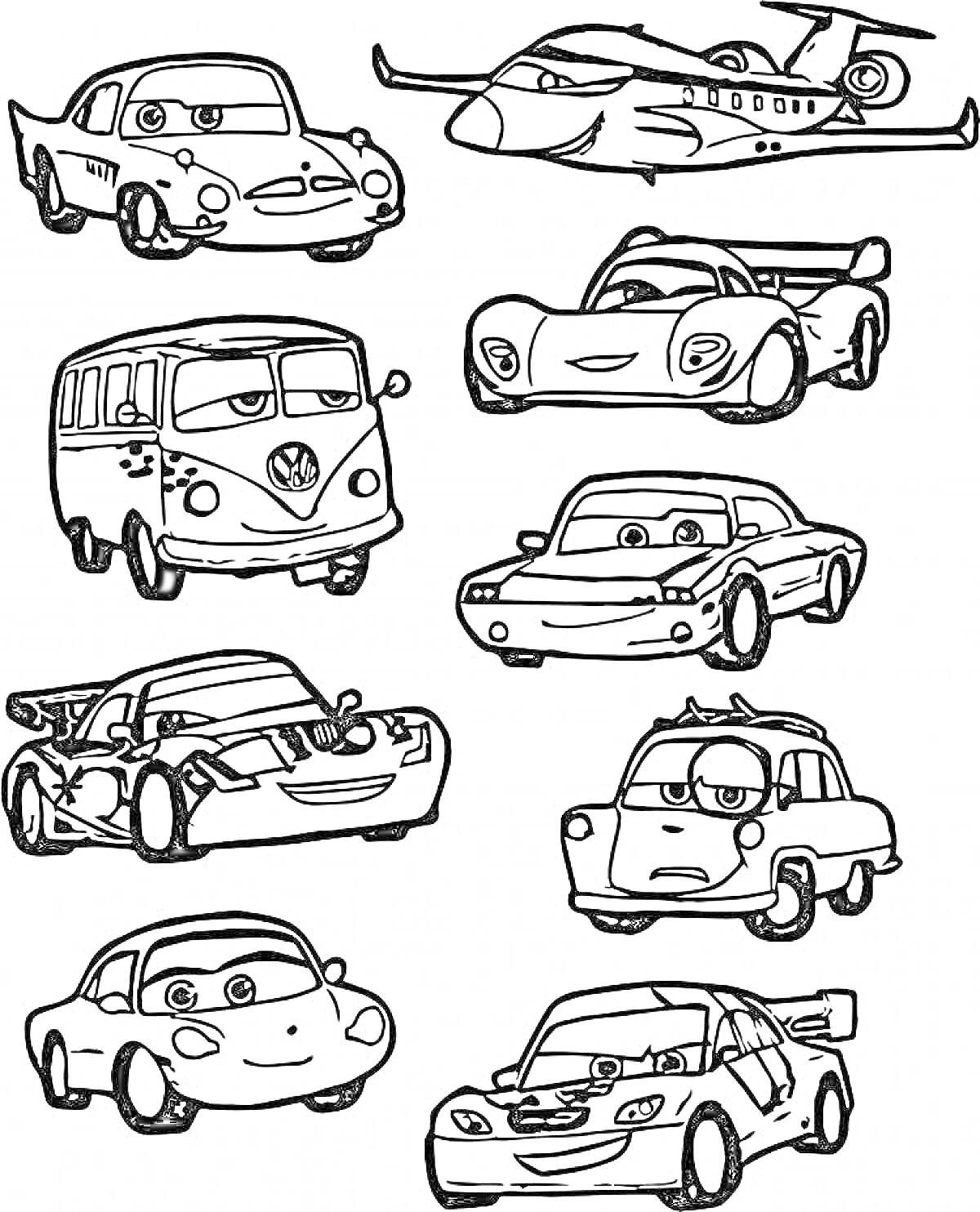 Раскраска Раскраска с маленькими машинками и самолетом, включающая легковые автомобили, гоночные автомобили, автобус и самолет