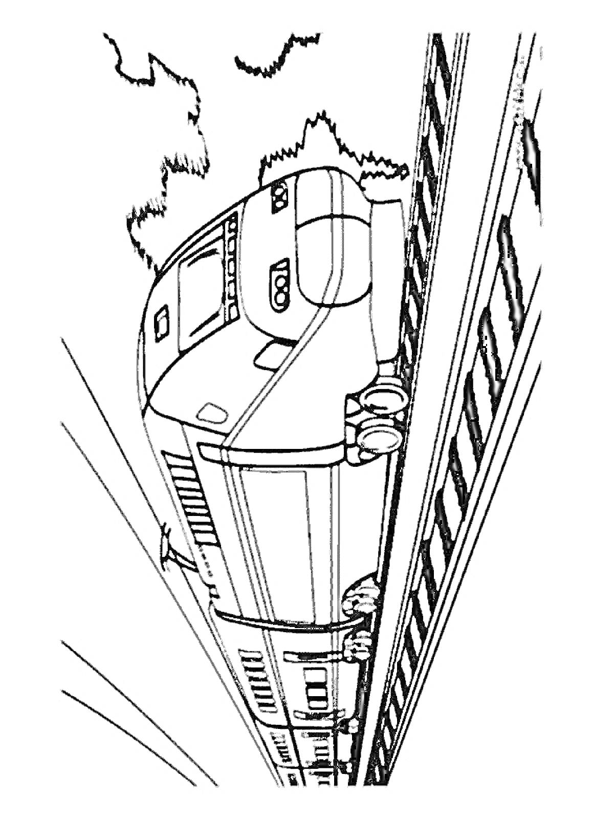 На раскраске изображено: Поезд, Железная дорога, Вагоны, Рельсы, Транспорт
