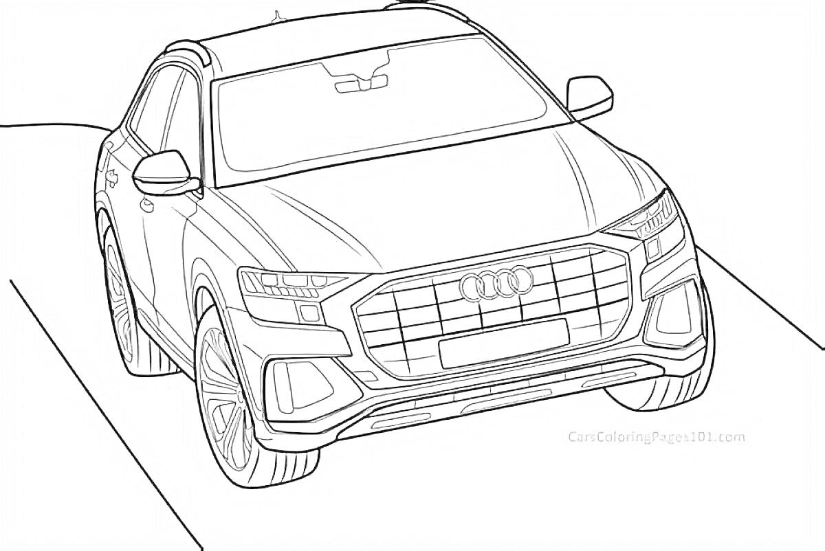 Раскраска Линия автомобиля Audi Q7 с видимыми элементами передней части, включая фары, решетку радиатора, боковые зеркала и колеса, стоящего на ровной поверхности.