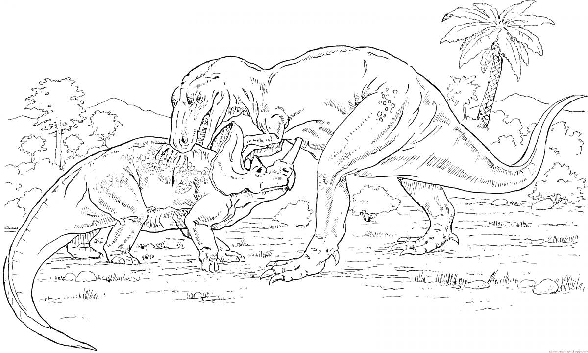 Раскраска Два динозавра (Тираннозавр и Трицератопс) на природе с деревьями и пальмами