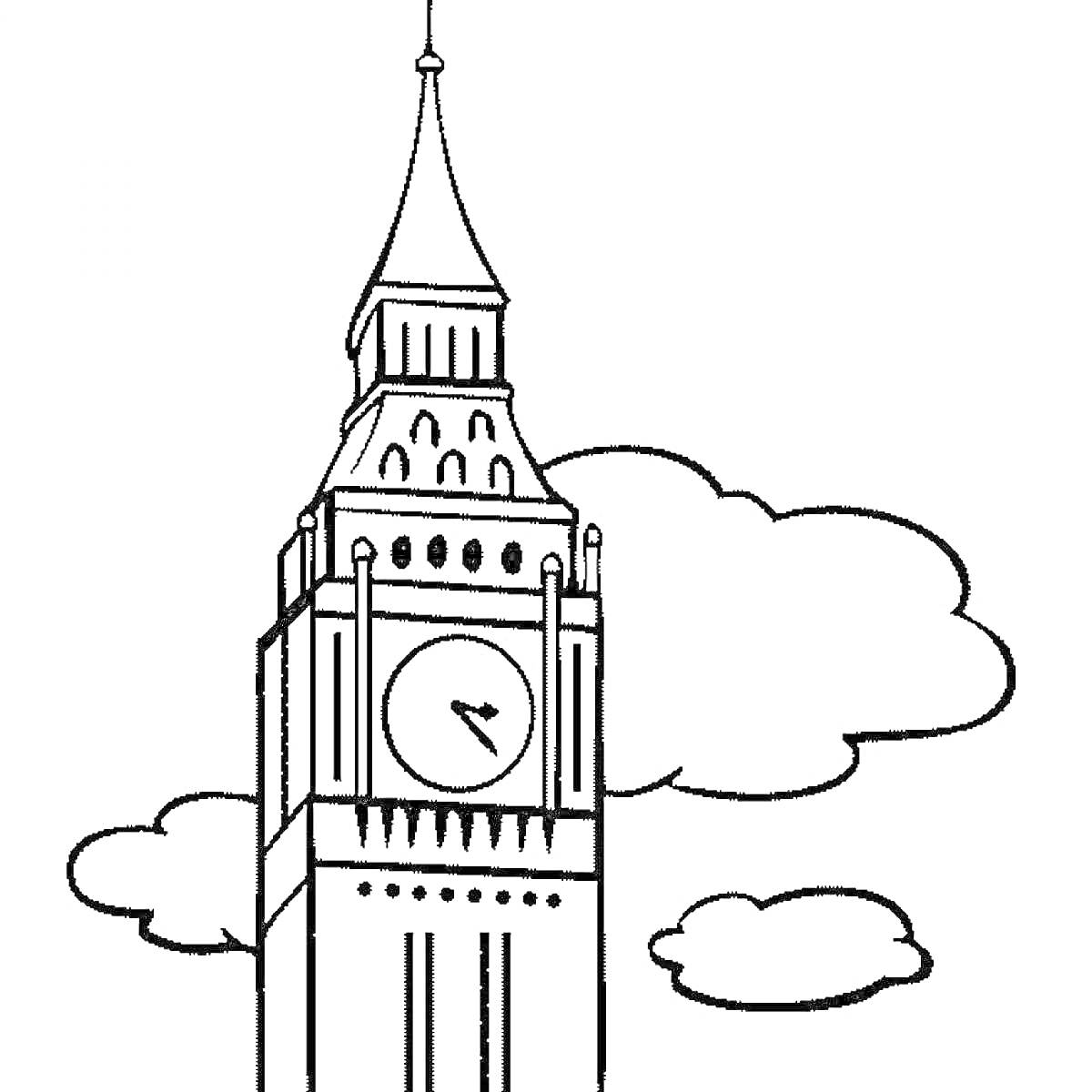 На раскраске изображено: Биг Бен, Часы, Лондон, Архитектура, Облака, Небо, Башни