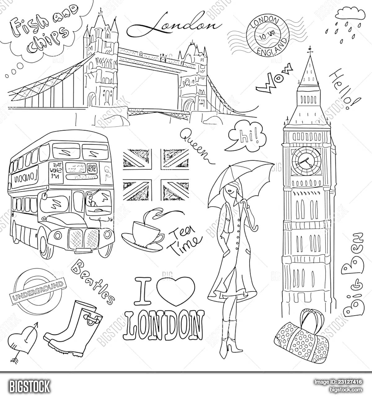 На раскраске изображено: Лондон, Великобритания, Тауэрский мост, Биг Бен, Королевская корона, Британский флаг, Резиновые сапоги