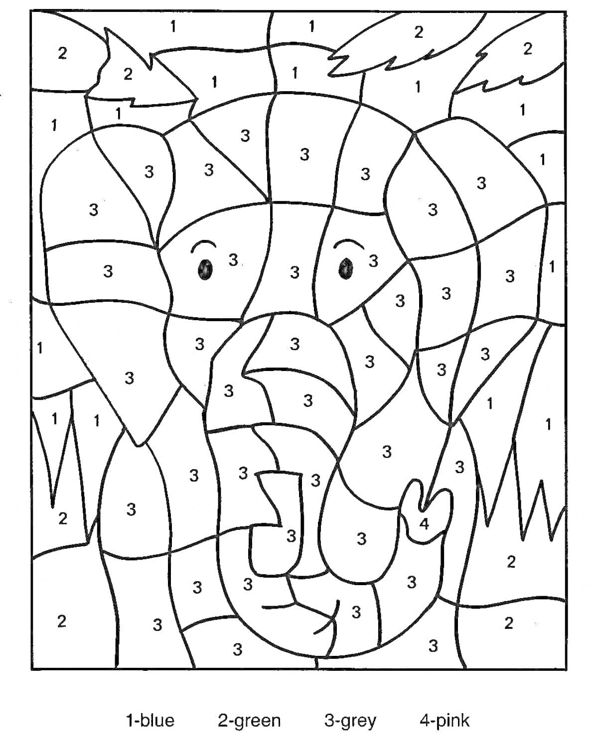 На раскраске изображено: Слон, Джунгли, Цифры, Зеленый, Голубой