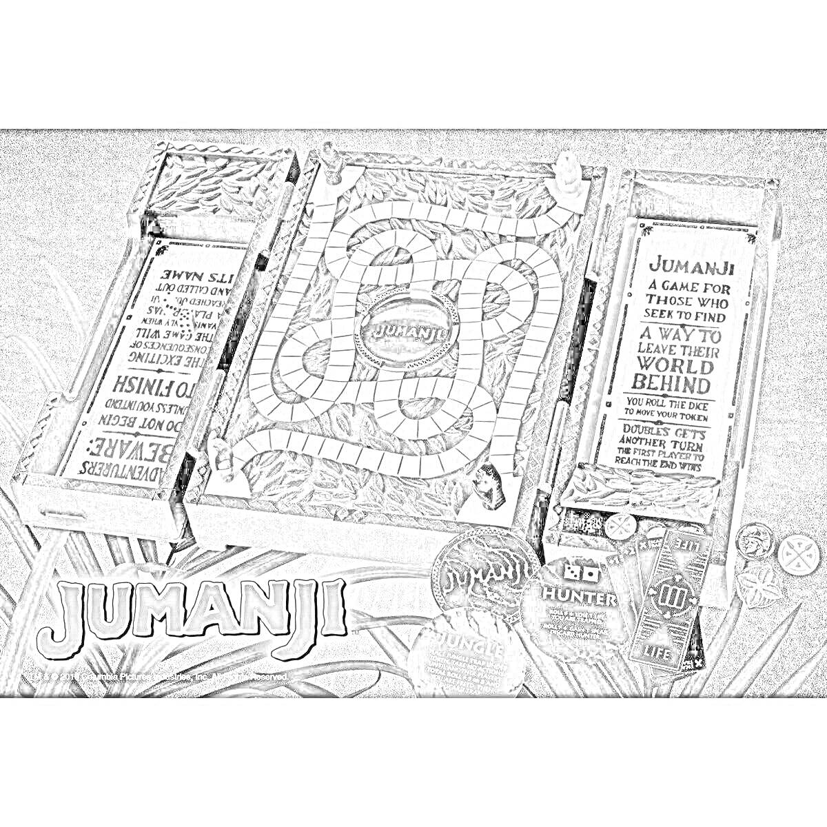 Раскраска настольная игра Джуманджи с игровым полем, картами, игровыми фишками и кубиками