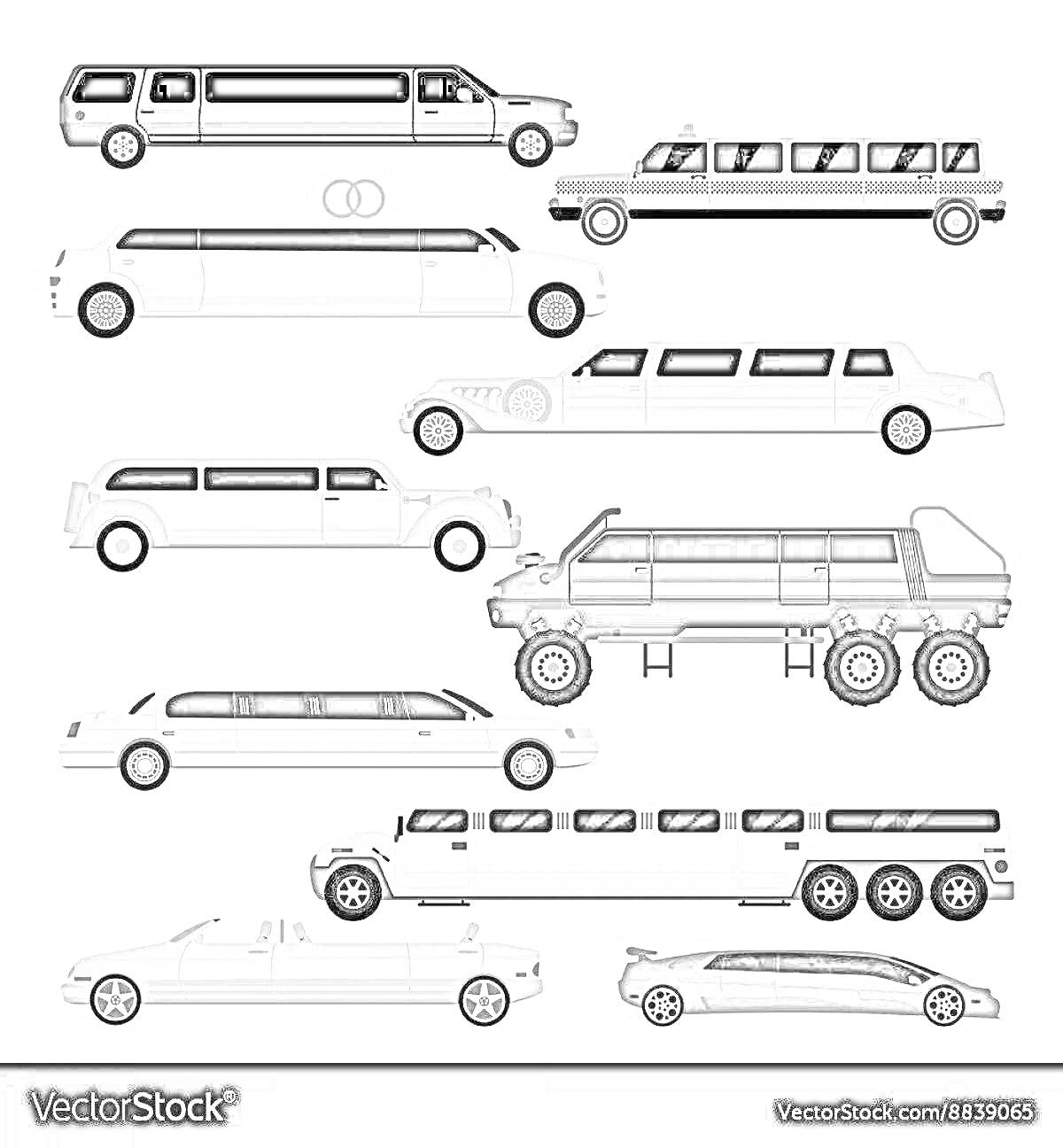 Раскраска Набор лимузинов различных моделей, включая стандартный лимузин, лимузин для свадьбы, лимузин с узором, шестиколесный лимузин, лимузин-внедорожник, длинный лимузин и кабриолет-лимузин.