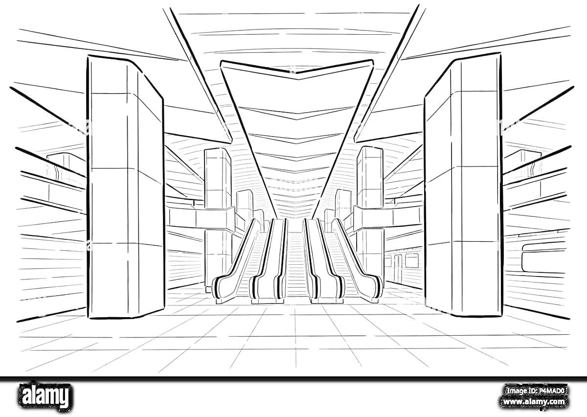 Раскраска Вход в метрополитен с эскалаторами, колоннами и потолочными конструкциями