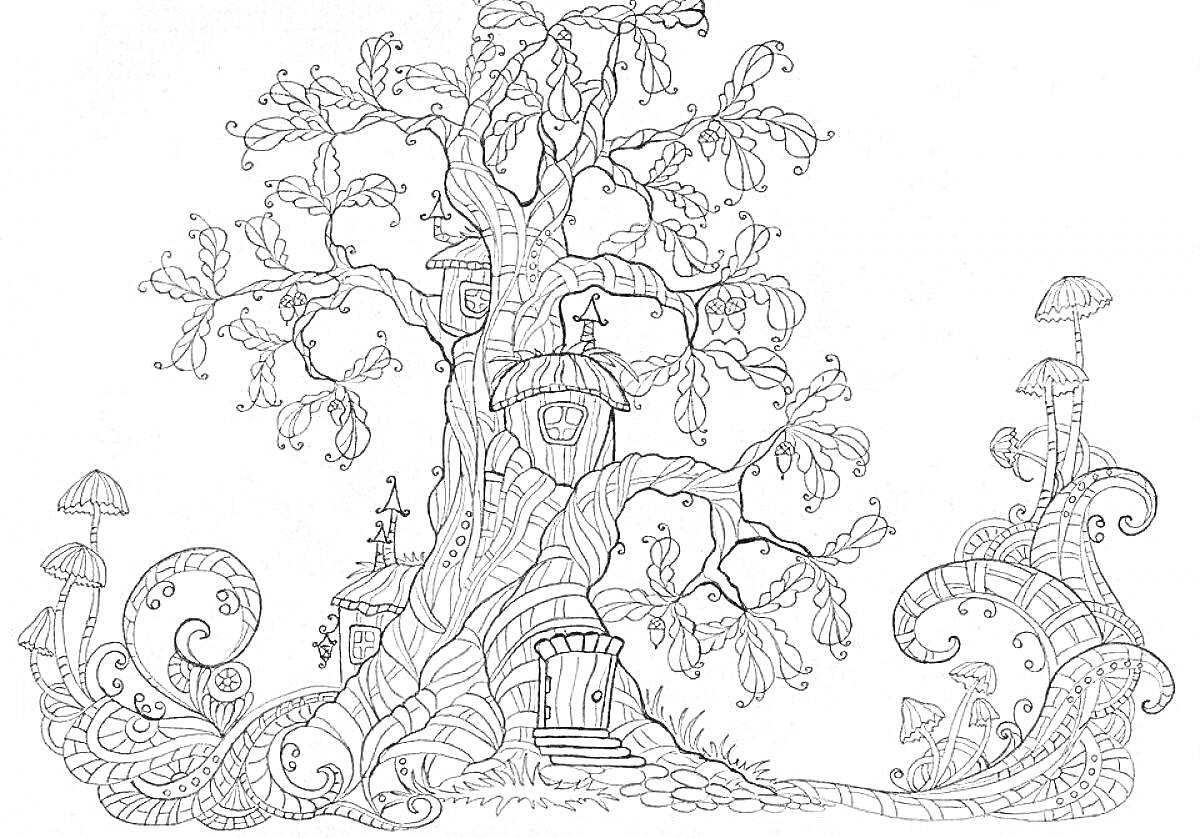 На раскраске изображено: Волшебный лес, Грибы, Листья, Природа, Фантазия