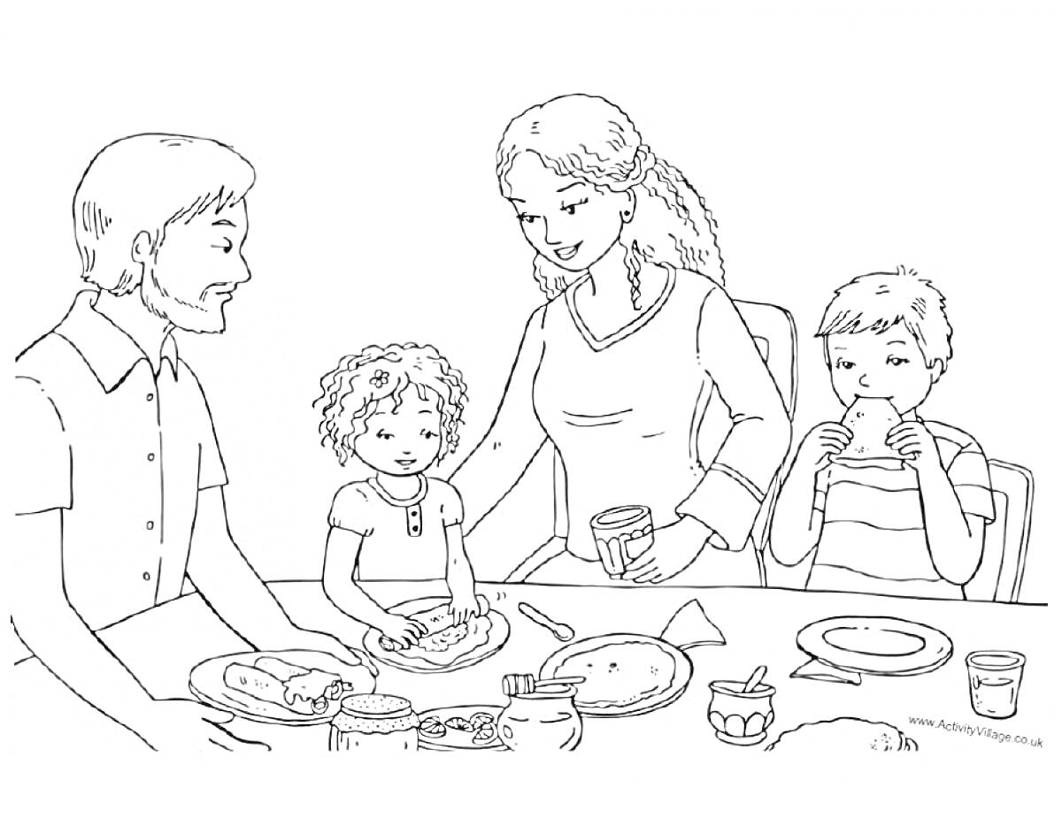 Раскраска Семья за столом во время Масленицы, папа, мама, двое детей, тарелка с блинами, стаканы с напитками, варенье, масло