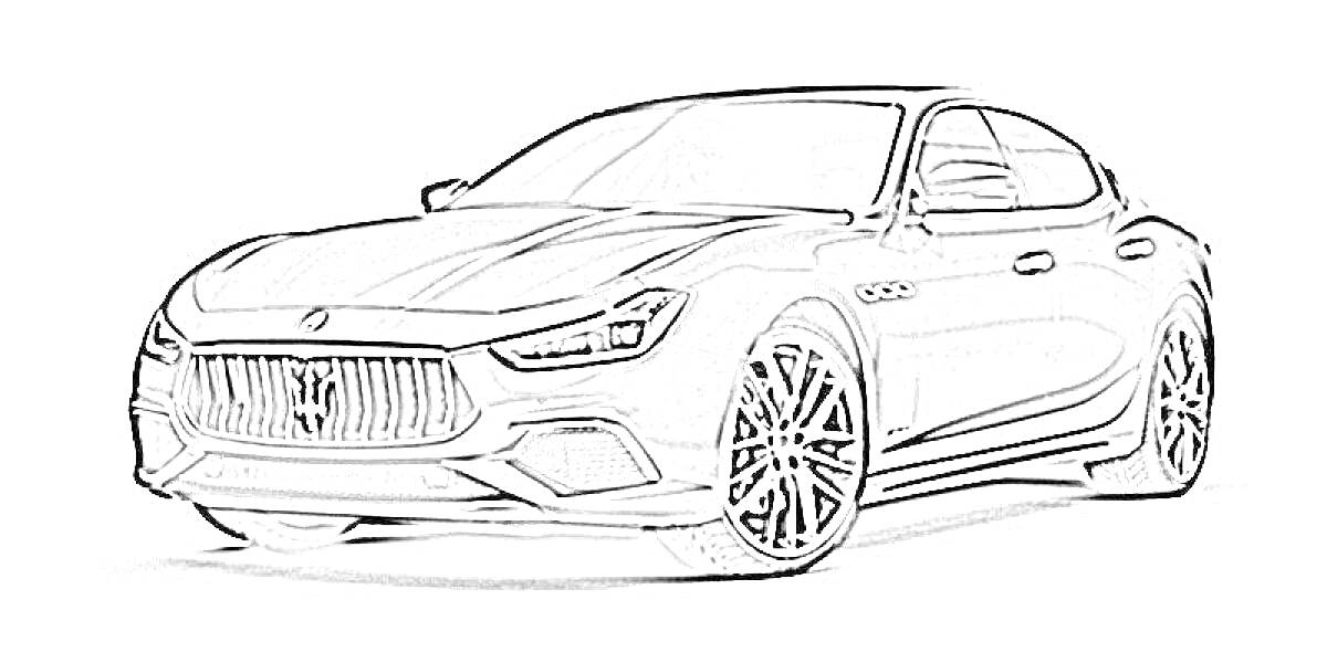 Раскраска Maserati, вид сбоку, колеса, передняя решетка, фары, капот, двери, зеркала, окна