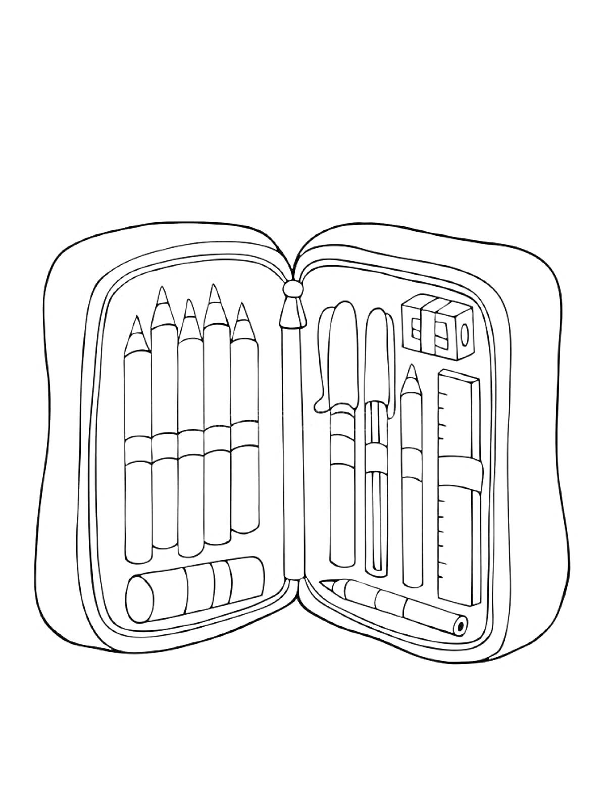 Раскраска Пенал с карандашами, фломастерами, точилкой, линейкой и ножницами