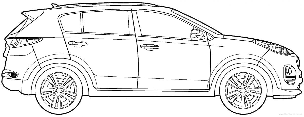 Раскраска автомобиль Kia Rio вид сбоку с четырьмя дверями и пятью колесами