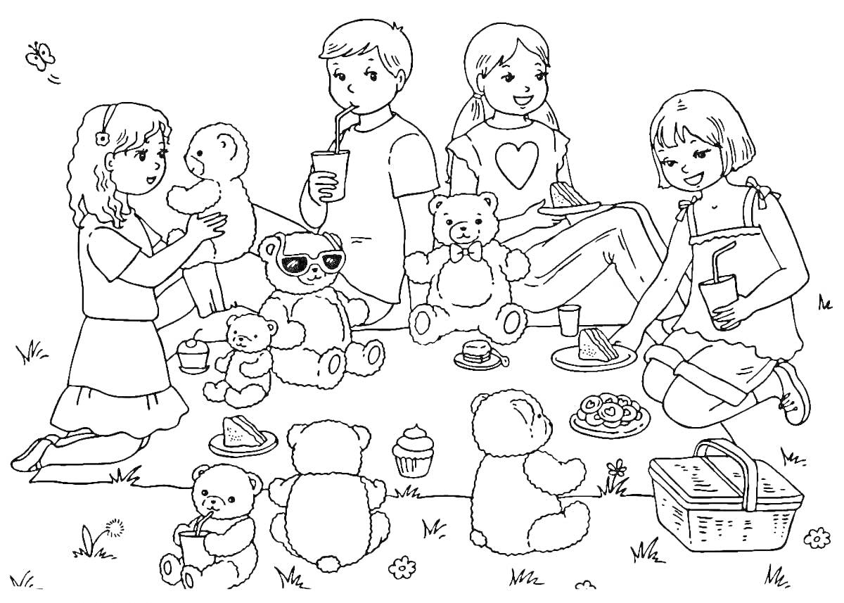 Раскраска Пикник с детьми и мягкими игрушками