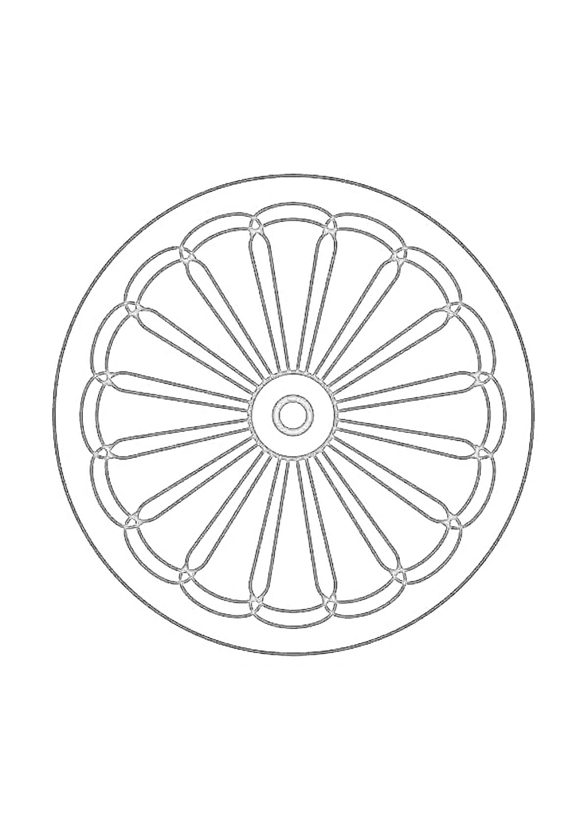 Раскраска Колесо с декоративным узором и спицами