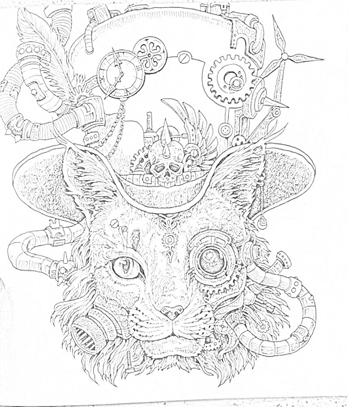 Раскраска Кошка в шляпе с шестеренками и трубками