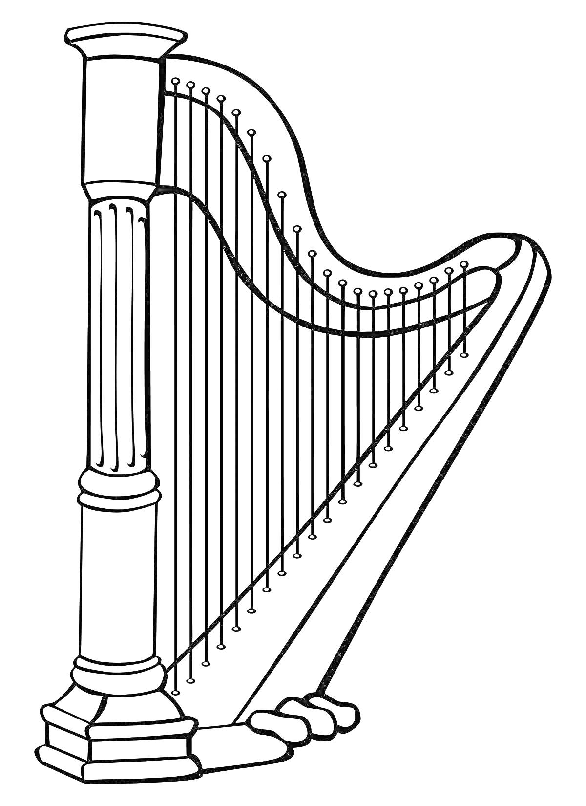 Раскраска Арфа с колонной, струнами и ножками