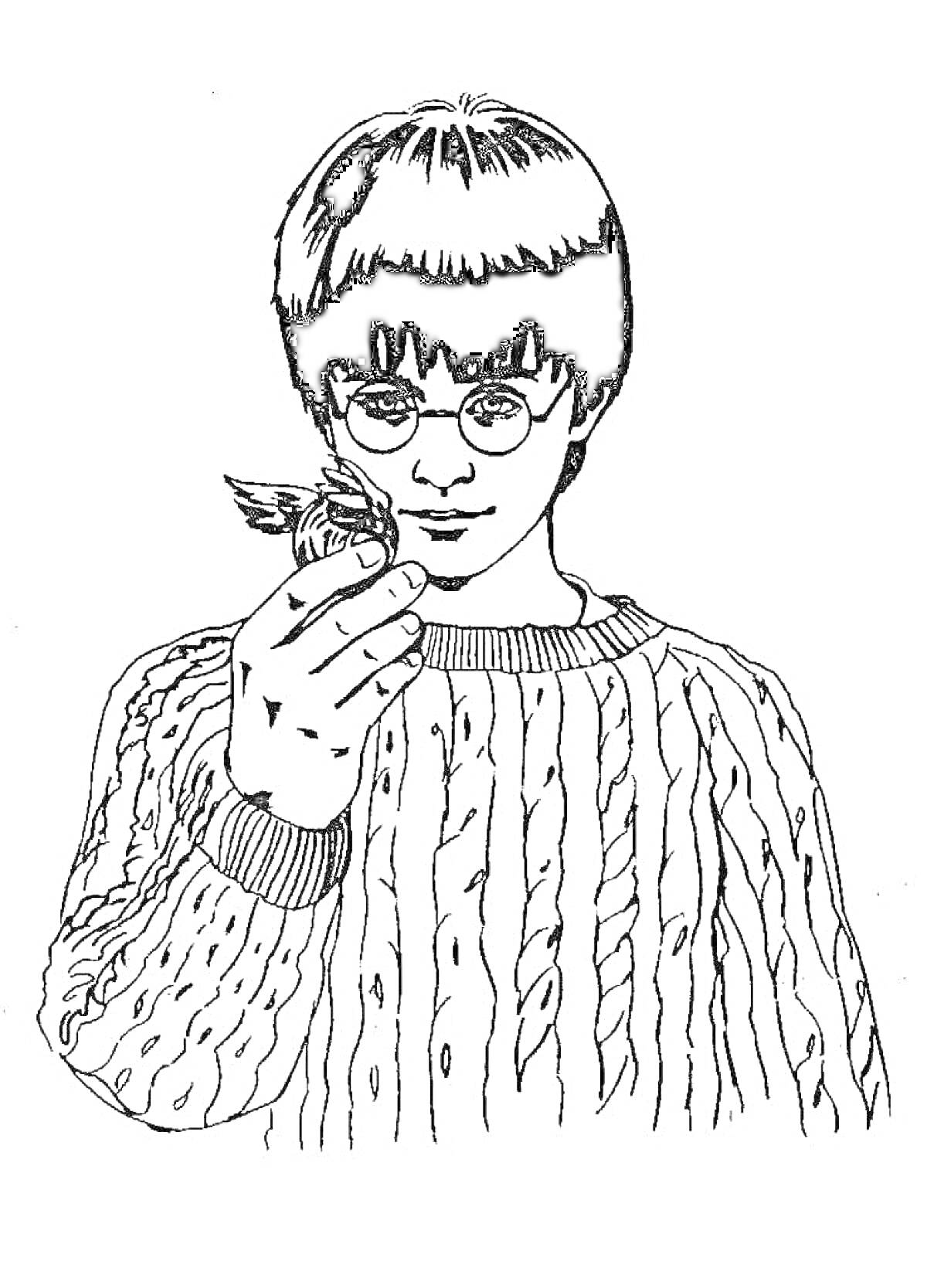 Раскраска Мальчик в очках в полосатом свитере держит в руках снитч