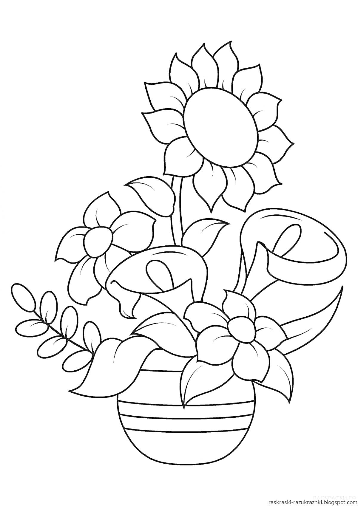 На раскраске изображено: Цветы, Листья, Ваза, Полосы