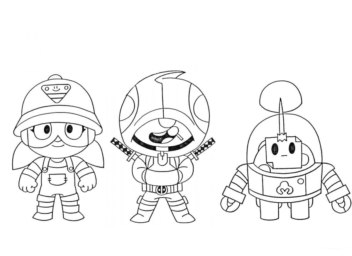 Раскраска герои игры Леон Браво Старс с тремя персонажами (в шлеме с кепкой и комбинезоне; в шлеме с капюшоном и защитными перчатками; в защитном комбинезоне с антеной и круглым шлемом)