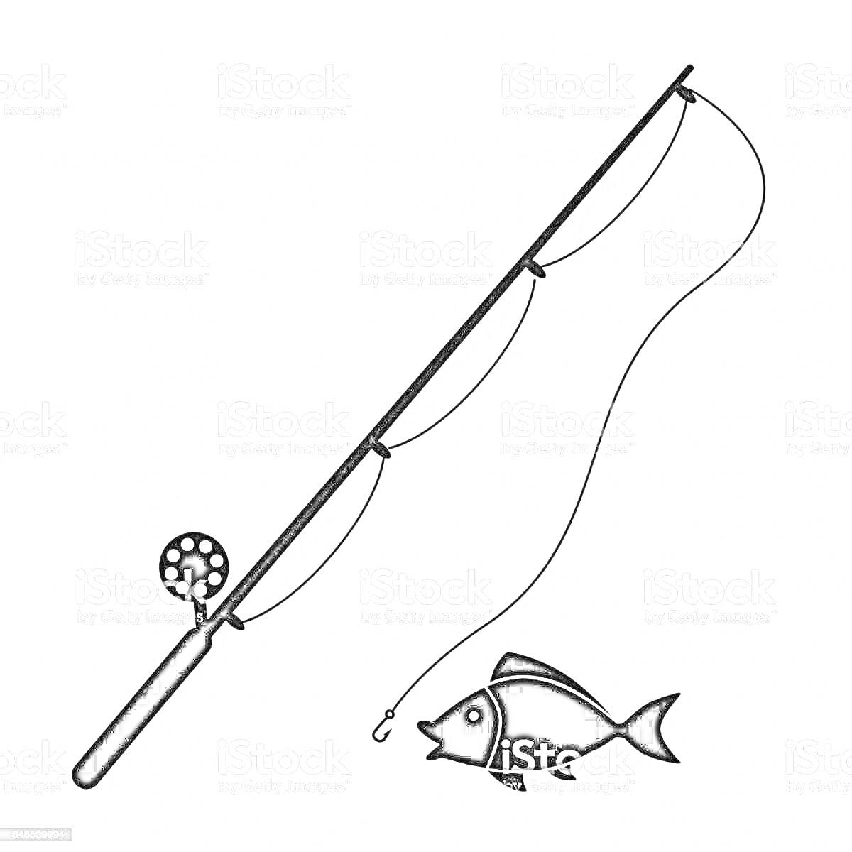 На раскраске изображено: Удочка, Рыбалка, Катушка, Леска, Рыба