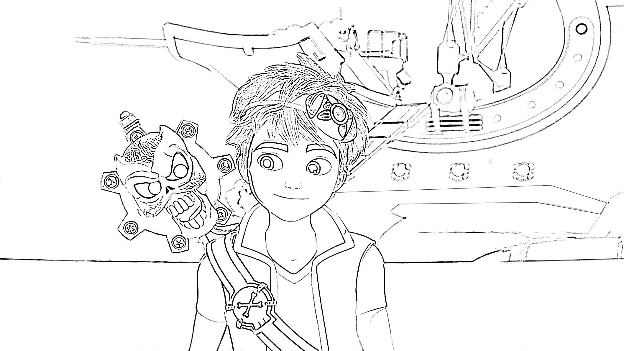 Раскраска Зак Шторм с черепом персонажем на фоне корабля