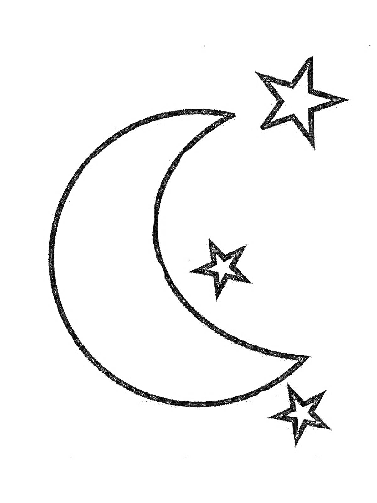 На раскраске изображено: Месяц, Звезды, Полумесяц, Ночь, Небо, Космос, Контурные рисунки