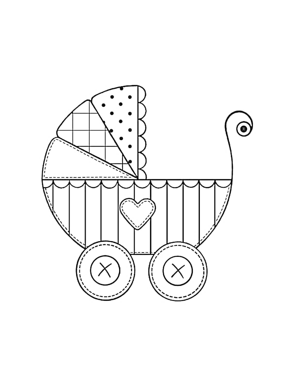 Раскраска Коляска с ручкой, верхним навесом, декоративными швами на колесах и сердечком на корпусе
