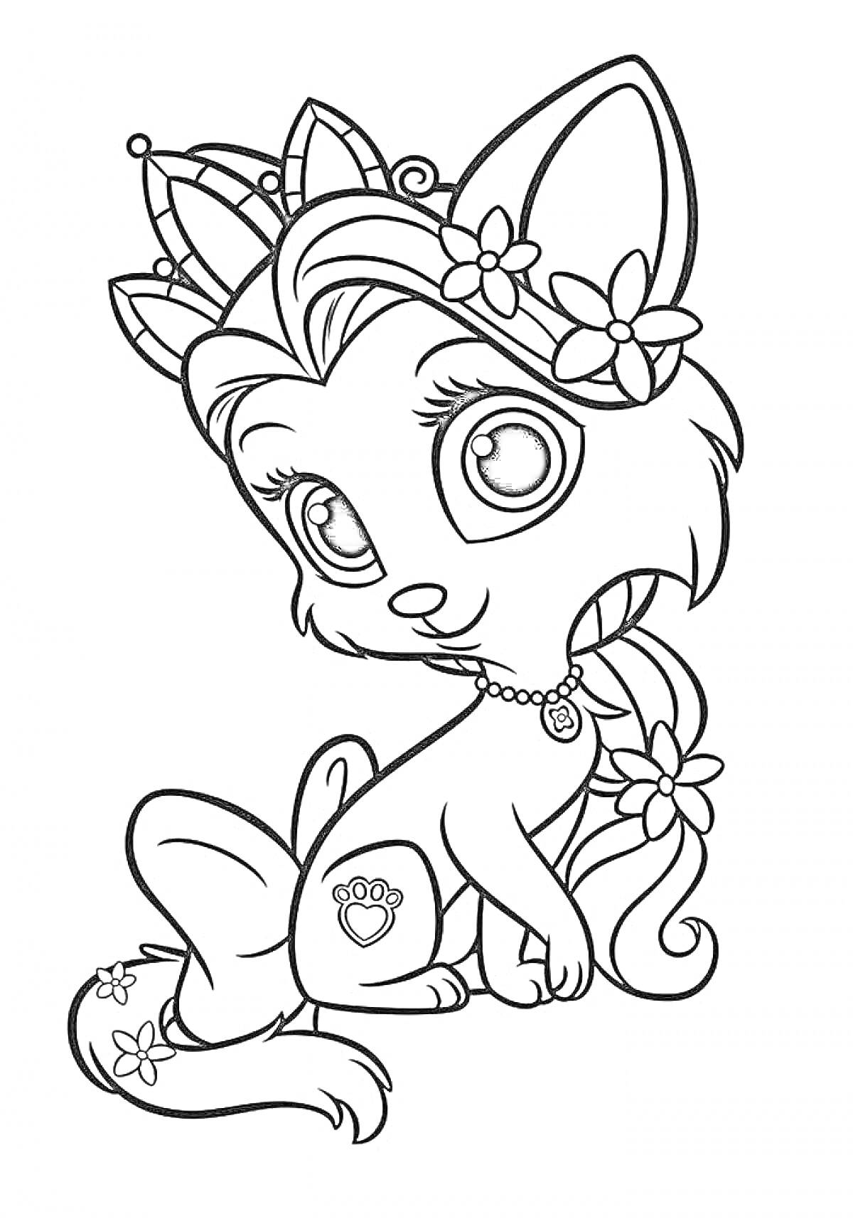 Раскраска Кошка с цветочками, короной и ожерельем