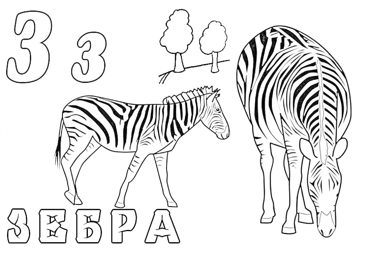 На раскраске изображено: Буквы, Алфавит, Животные, Обучение, Русский язык, Для детей, Деревья, Зебры