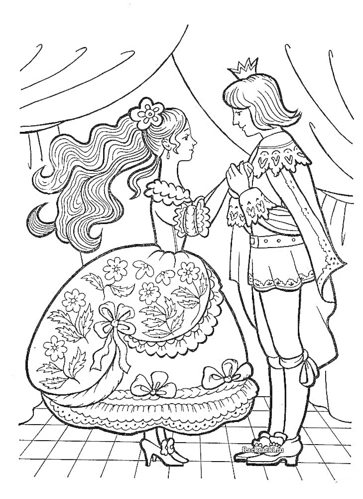 На раскраске изображено: Золушка, Принц, Бал, Платье, Цветы, Корона, Шторы