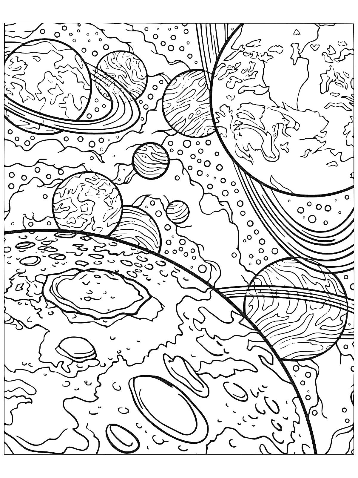 Раскраска Планеты и звезды в космосе, поверхность луны, кольца Сатурна