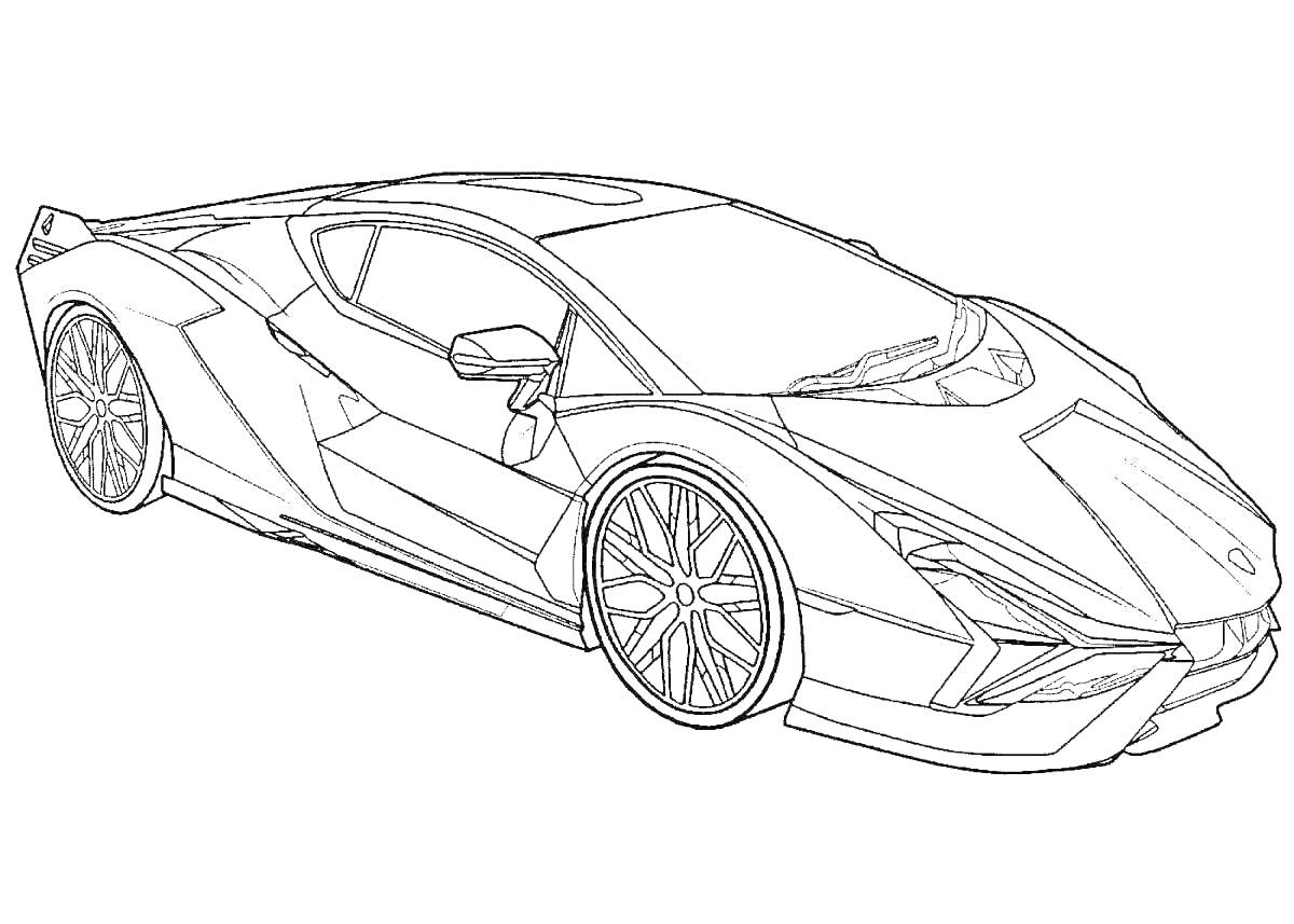 На раскраске изображено: Ламборгини, Спортивный автомобиль, Две двери, Большие колеса, Аэродинамический дизайн