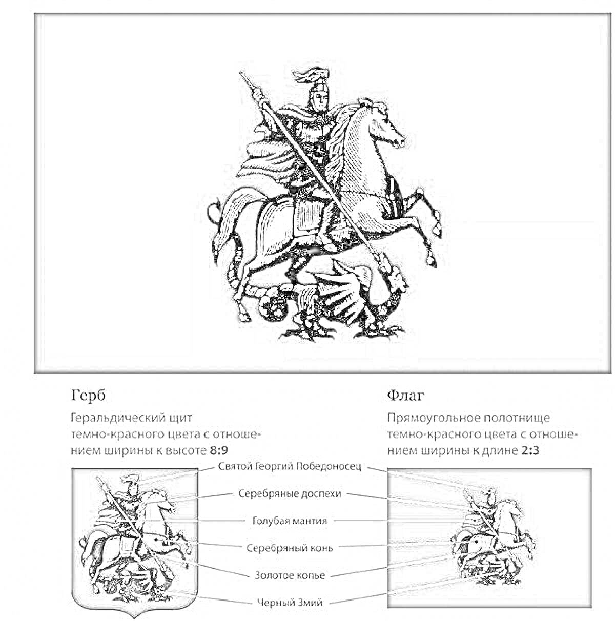 Раскраска Герб Москвы. Элементы: Георгий Победоносец на коне, копье, змей, серебряные доспехи, серебряное поле