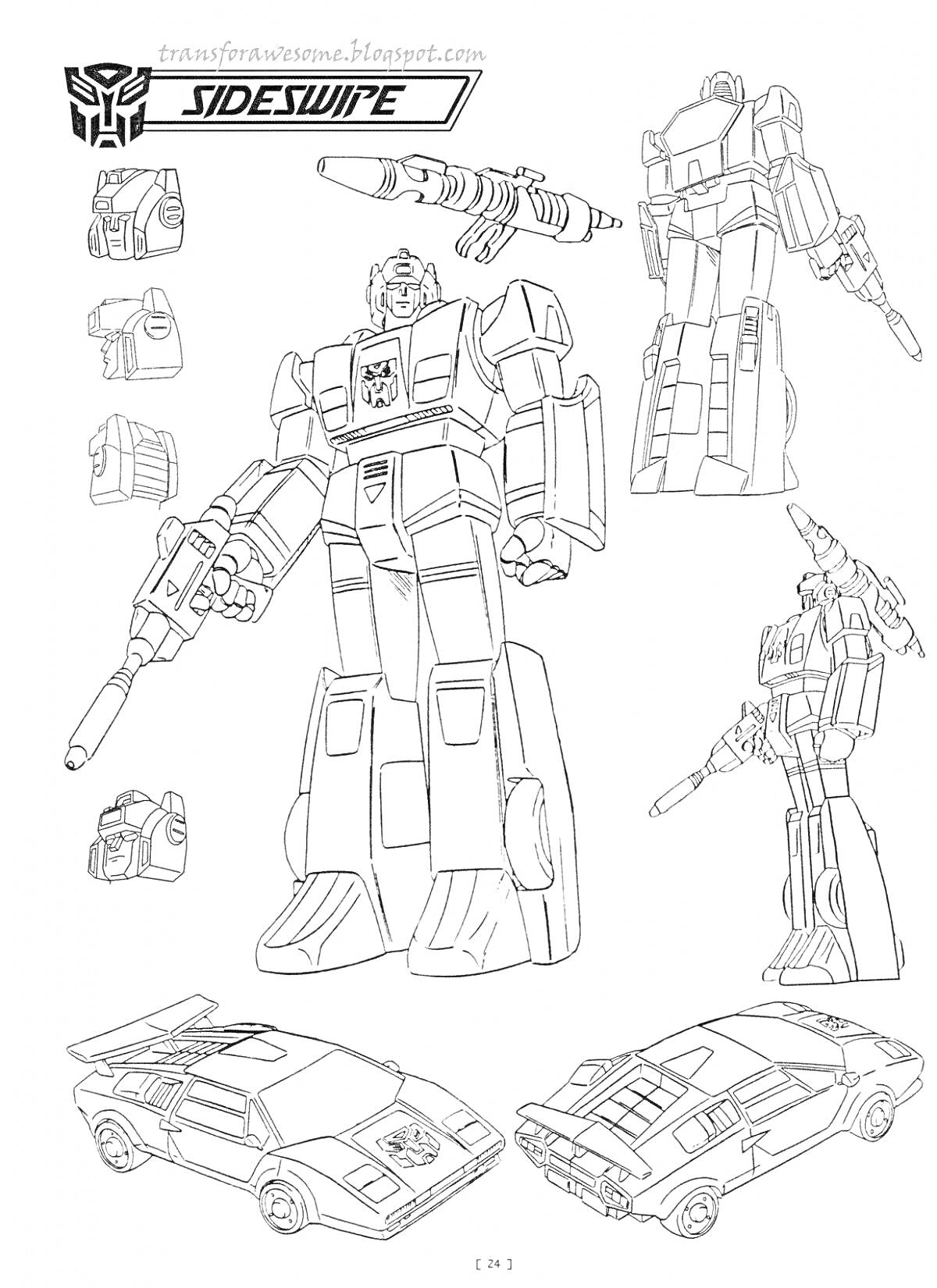 Раскраска Трансформер Сайдсвайп в различных формах и перспективах, включая автомобильный режим и робот-режим с оружием