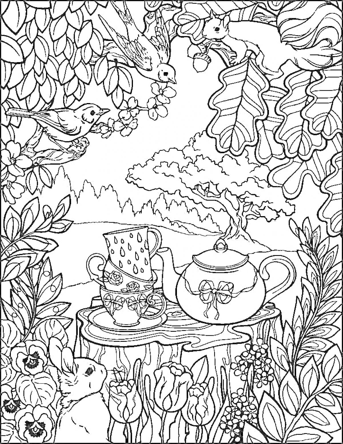 На раскраске изображено: Чайный сервиз, Кружки, Цветы, Деревья, Пейзаж, Природа, Сад, Релакс