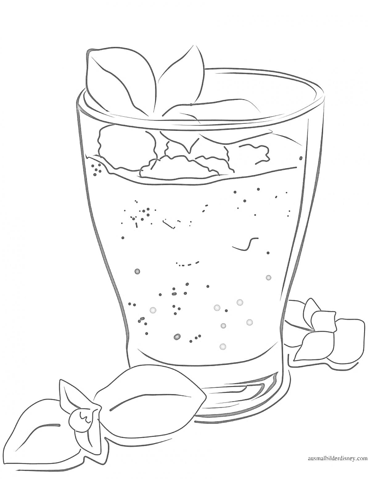 Раскраска Коктейль в стакане с мятой и льдом