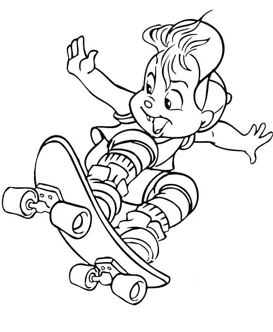 Раскраска Мальчик на скейтборде прыгает в воздухе