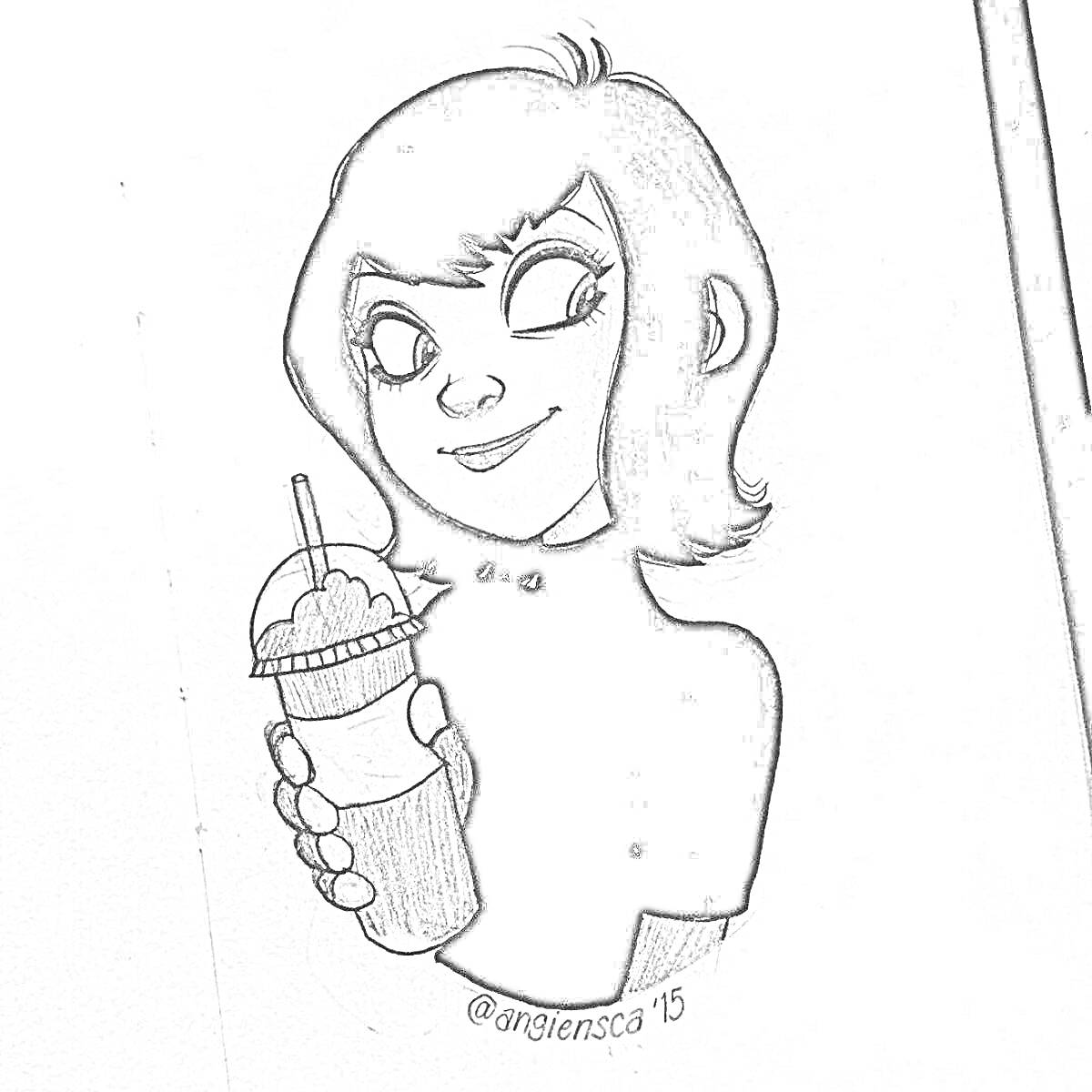 Раскраска Девушка с короткими темными волосами и челкой, держащая напиток в стакане с крышкой и трубочкой