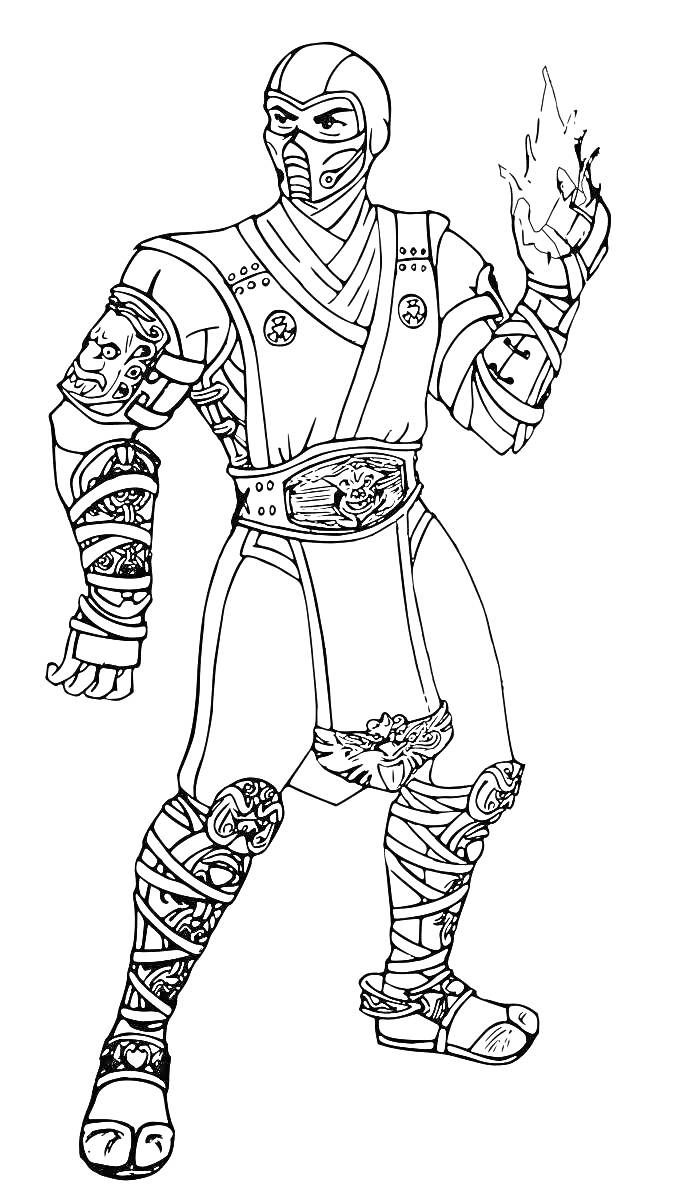 Раскраска Воин в маске с огненными кулаками и комплексной броней