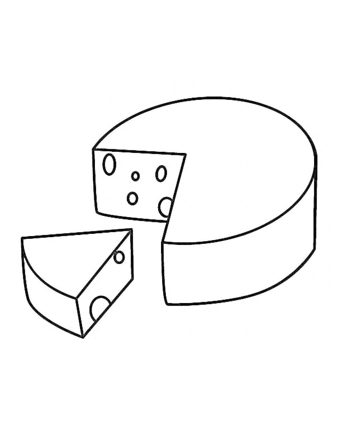 Раскраска Большой круглый сыр с отрезанным треугольным куском с дырками