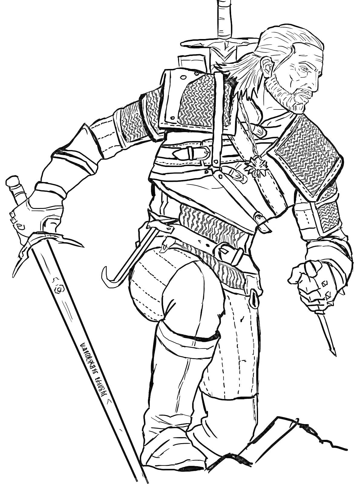 РаскраскаВедьмак в боевой стойке с мечом и кинжалом